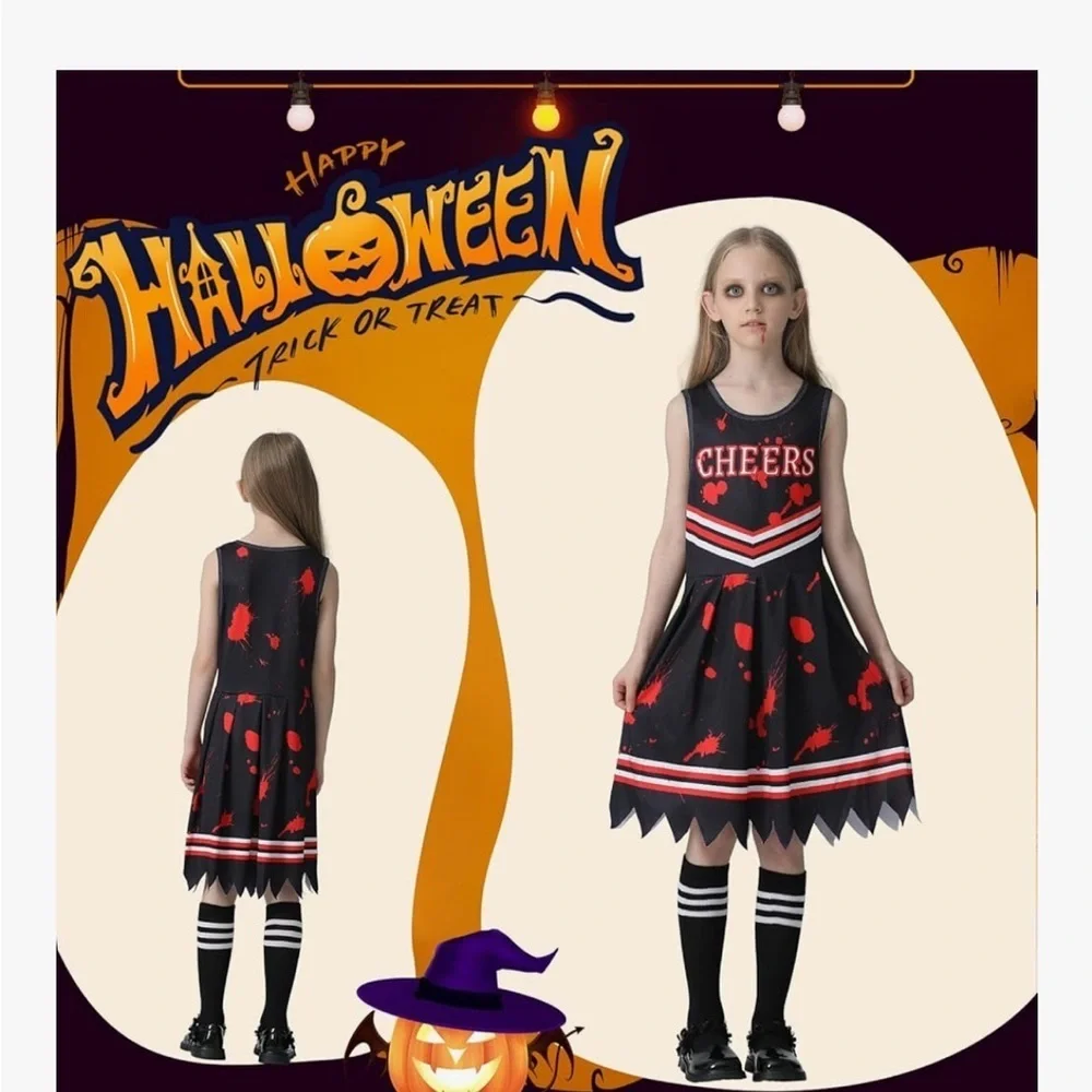 NWT Zombie Cheerleader Costume with Pom Poms, socks and 2 Bows size 8